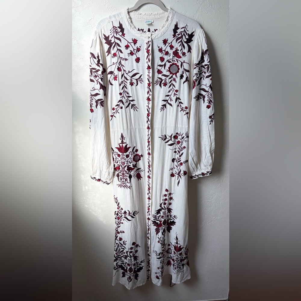 Sundance White Burgundy Embroidered Maxi Dress Tie Waist Boho Cottagecore XL - Picture 3 of 16